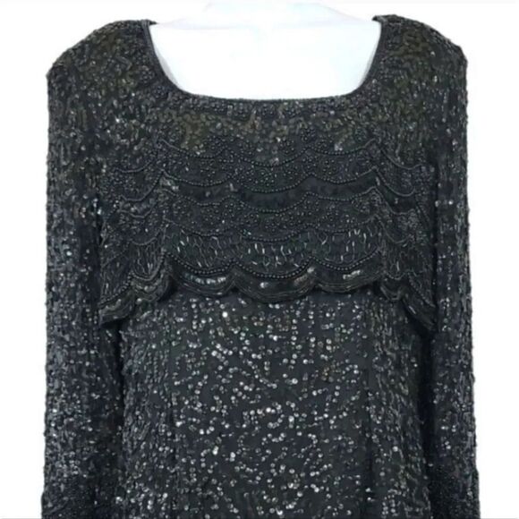 Vintage Lawrence Kazar 100% Silk Beaded and Sequin Evening Gown in Black Size XL - Picture 5 of 10
